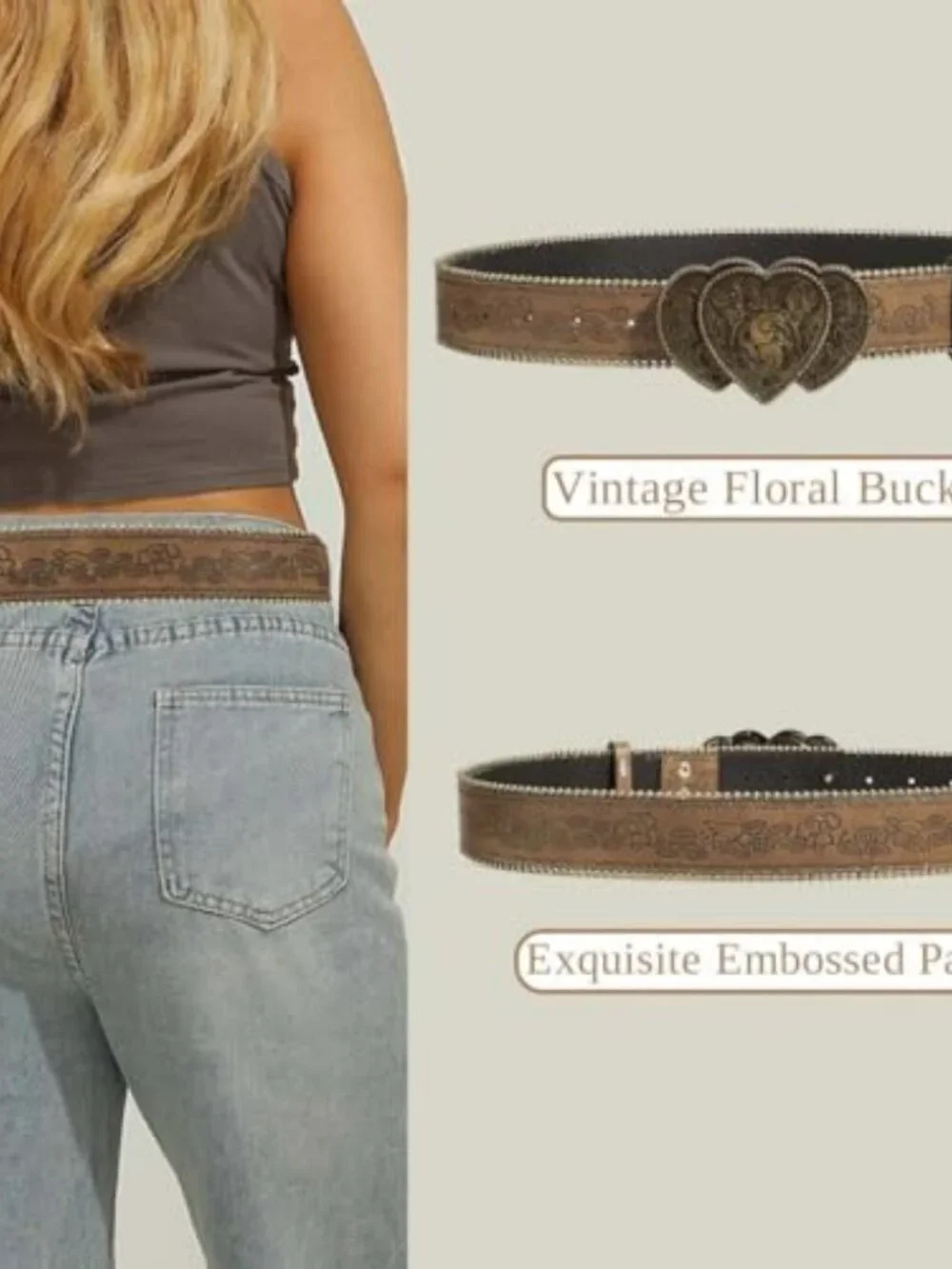 Women Western Belt with Heart Embossed Buckle Vintage Brown Belt for Jeans Pant